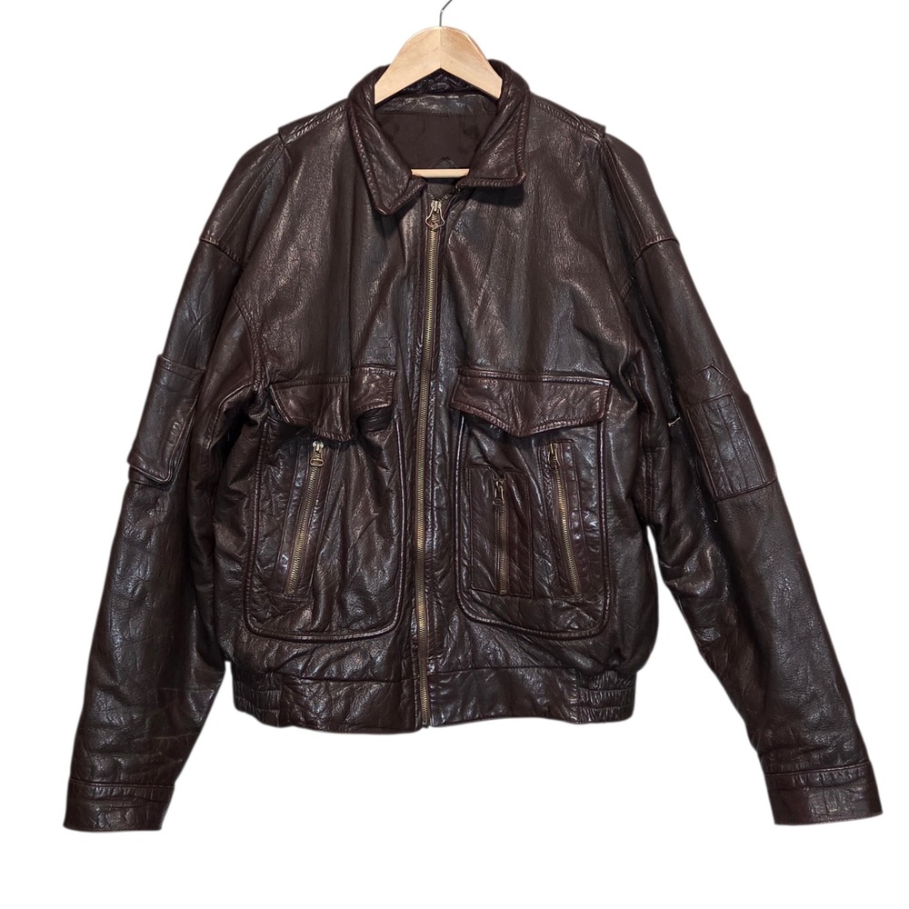 Vintage 80s Brown 100% Leather Bomber‎ Jacket Full Zip Retro Moto Biker Mens L